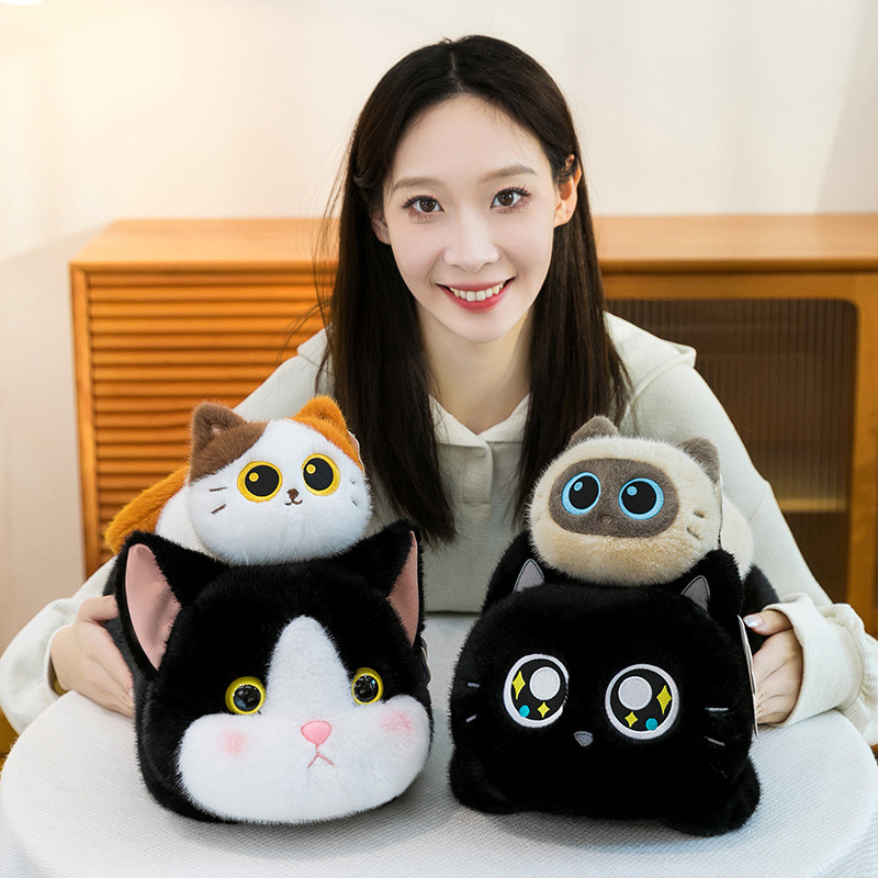 Soft lying cat plush toys held together, highlighting fluffy texture, comforting feel, and cozy companionship for everyday relaxation