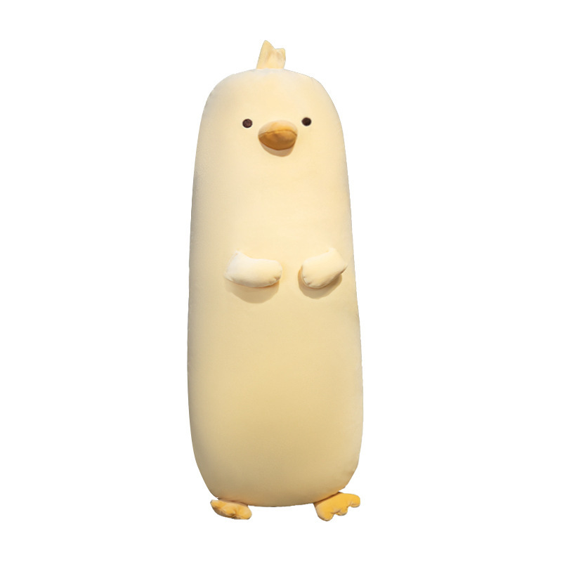 Milk chick plush pillow in milky yellow, long chicken body pillow with soft plush fabric, full-length hugging design, cute minimalist style, suitable for sleeping and cozy home decor