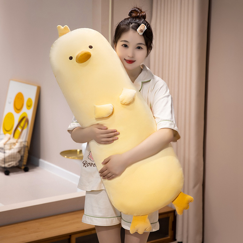 Milk chick plush pillow in milky yellow, long chicken body pillow with fluffy PP cotton filling, designed for full body hugs, relaxing naps, and cozy home use