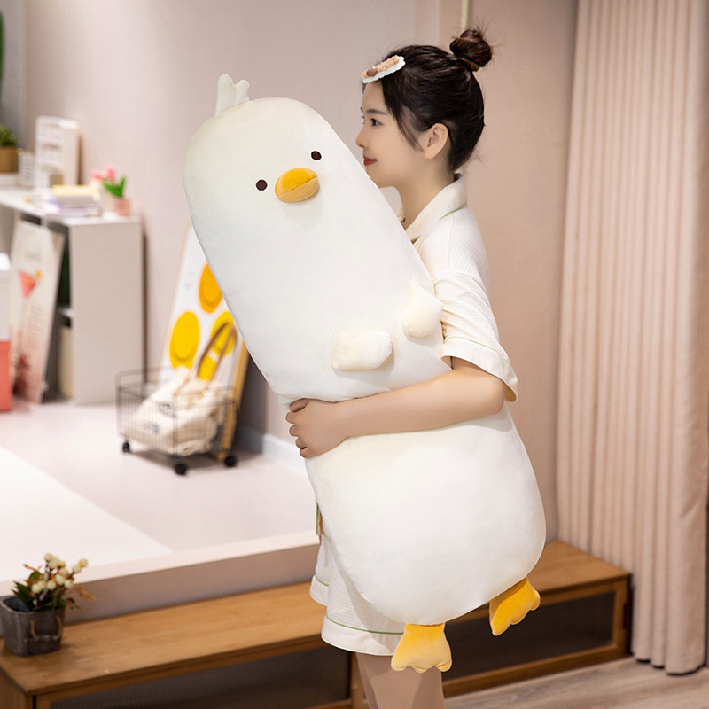 Milk chick plush pillow in milky white, soft long body pillow with smooth plush fabric, ideal for hugging and relaxing at home, cozy and comforting design for bedtime and lounging