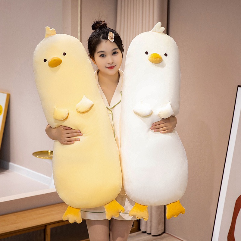 Milk chick plush pillow color comparison, milky white and milky yellow long chicken body pillows, soft plush fabric, perfect for sleeping, hugging, and sofa or bed decor