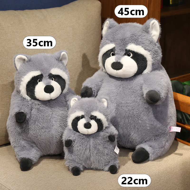 Chubby raccoon plush toy size comparison showing 22cm, 35cm, and 45cm options, highlighting soft plush texture and different sizes for hugging, decorating sofas, and cozy home use