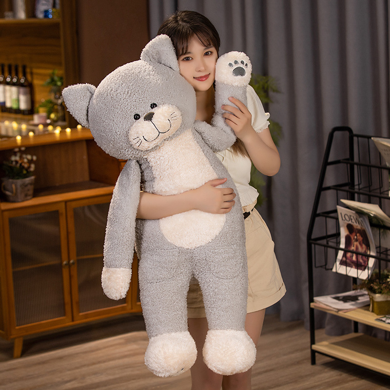 Gray jimmy cat plush toy with raised paw detail, highlighting soft paw pads, fluffy plush fabric, and playful design, perfect for cuddling, stress relief, and creating a cozy atmosphere