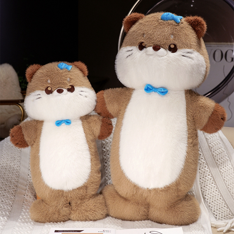 Sea otter plush toy size comparison with two sizes displayed together in a cozy indoor setting, highlighting soft plush texture and cuddly design