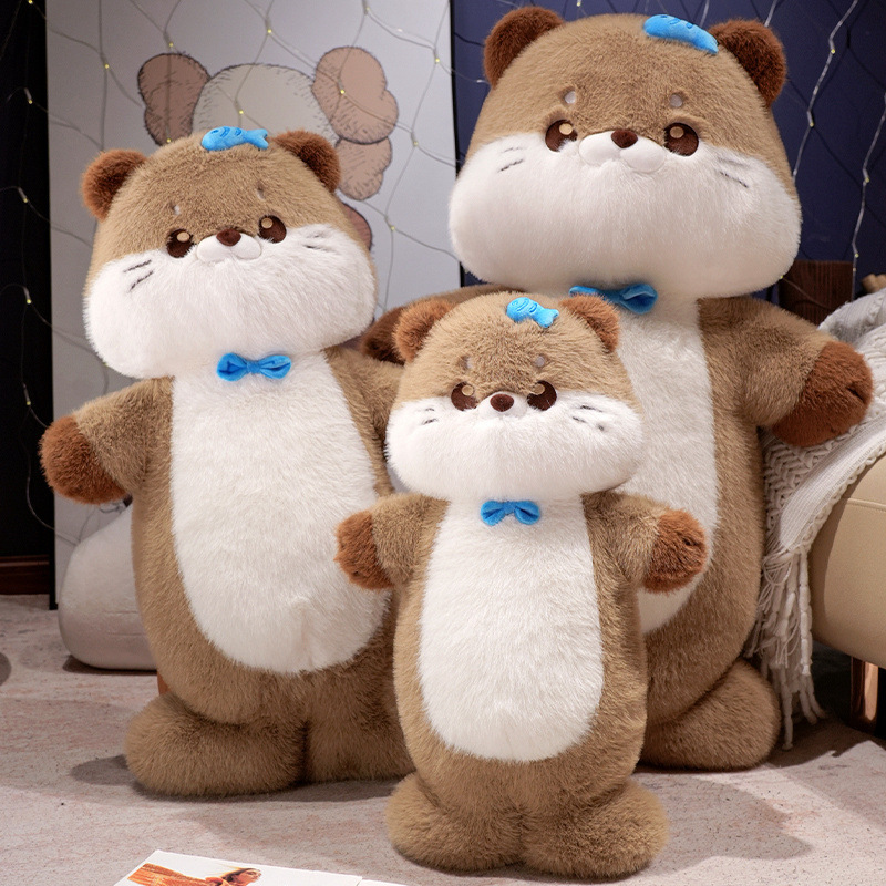Sea otter plush toy size comparison with multiple sizes standing together indoors, highlighting soft fabric, cute expression, and use for hugging or room decoration