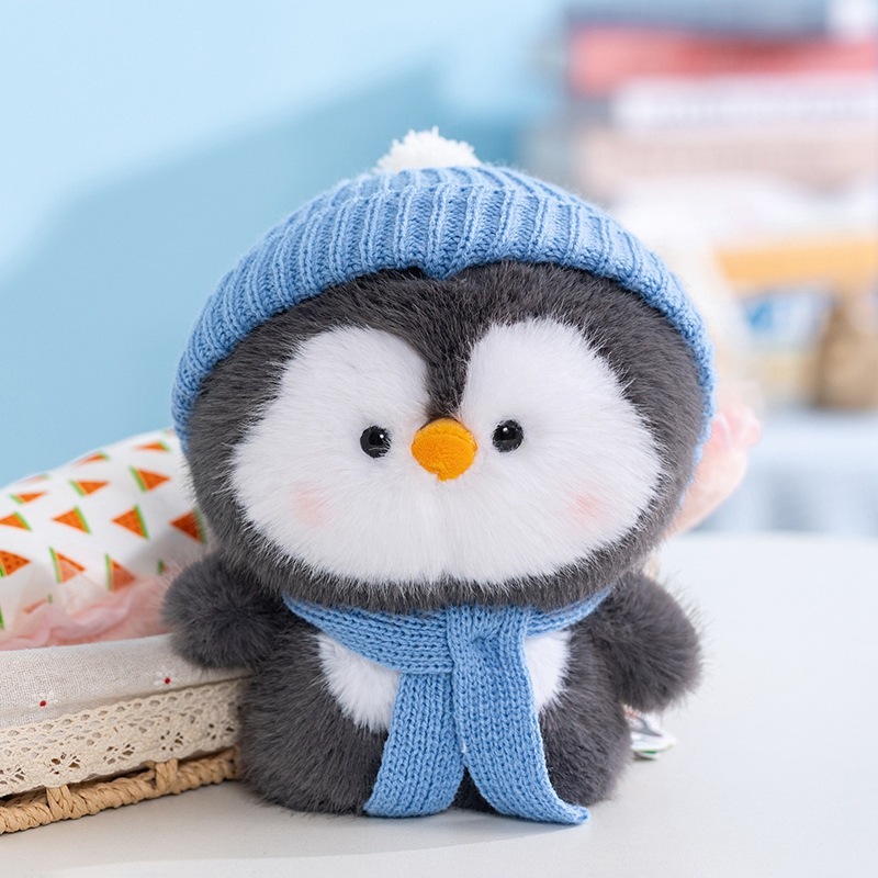 Coco standing penguin plush toy with blue knit hat and scarf, soft stuffed penguin for cute and cozy home decor