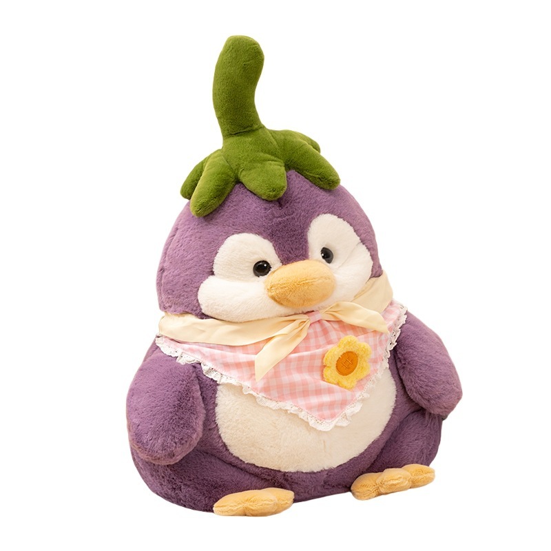 Eggplant penguin plush toy in spring outfit with soft purple body, green eggplant stem, and floral scarf on a white background