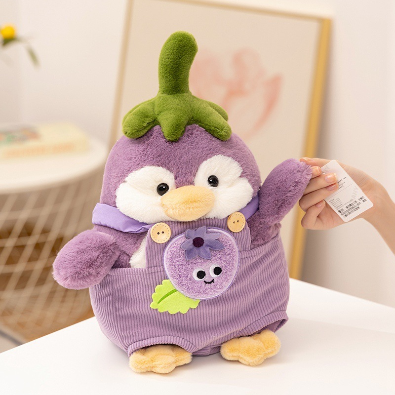Eggplant penguin plush toy with blueberry outfit and soft plush texture, cute stuffed animal for hugging and display