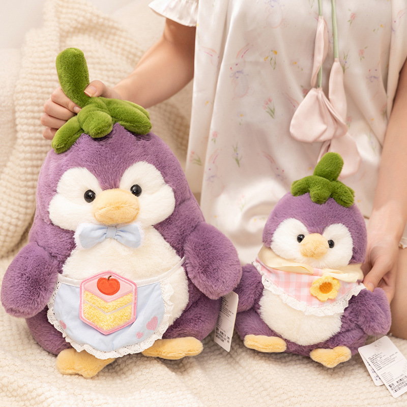 Eggplant penguin plush toy in two sizes, soft stuffed design with outfit details, cozy home decor and hugging plush