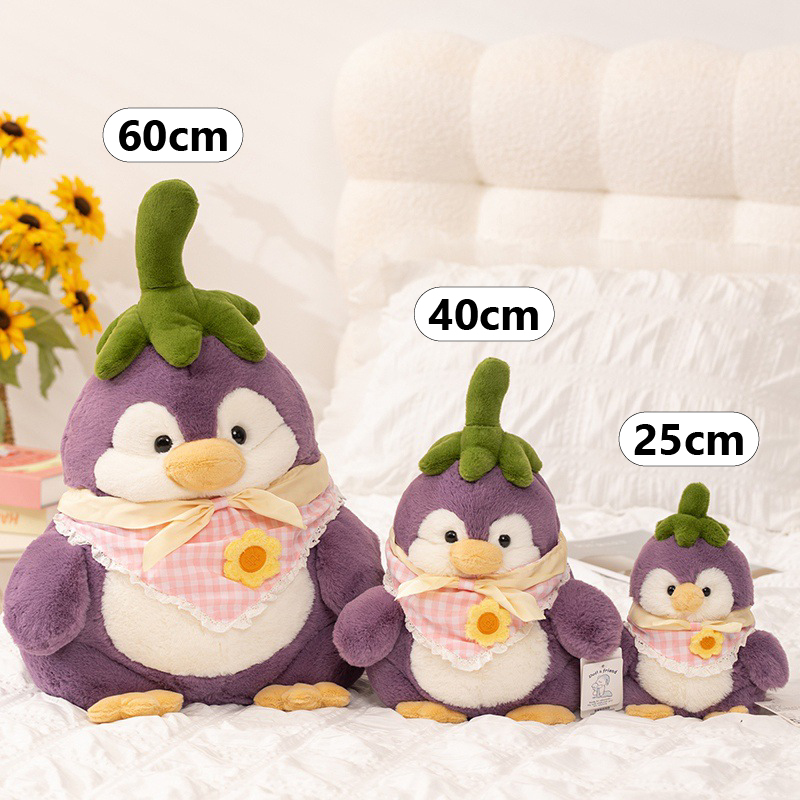 Eggplant penguin plush toy size comparison showing 25cm, 40cm, and 60cm plush sizes, soft stuffed animal with eggplant-inspired design, suitable for hugging, gifting, and cozy home decor