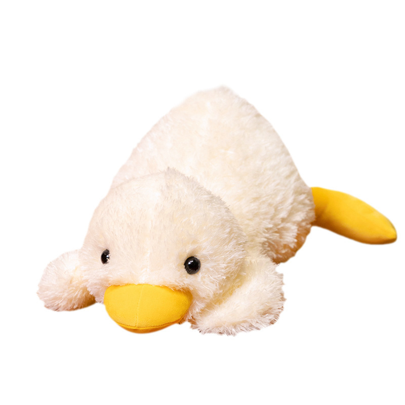Lying white duck plush pillow with soft fluffy texture, yellow beak and feet, designed for hugging and cozy comfort