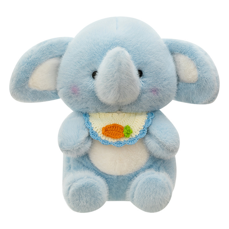 Happy elephant plush toy with bib style shown on a white background, highlighting soft plush texture and cute elephant details