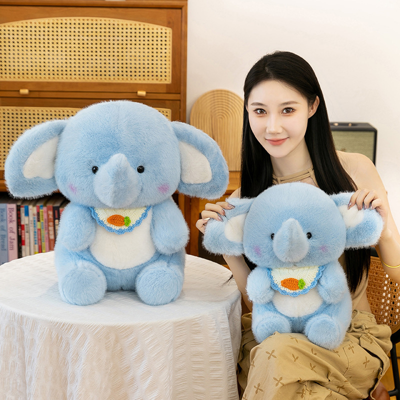 Happy elephant plush toy in different sizes displayed in a cozy home setting, showing soft texture, gentle colors, and a comforting companion feel