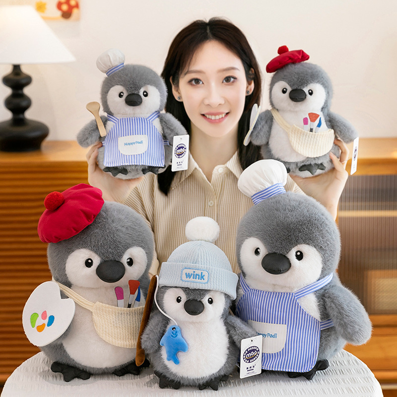 Chubby penguin plush toy collection featuring chef, painter and fishing designs, showcasing rounded shape, soft plush texture and cute themed outfits