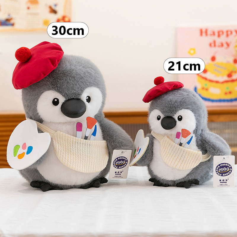 Chubby penguin plush toy size comparison showing 21cm and 30cm variants with painter outfit, highlighting rounded shape and soft plush texture