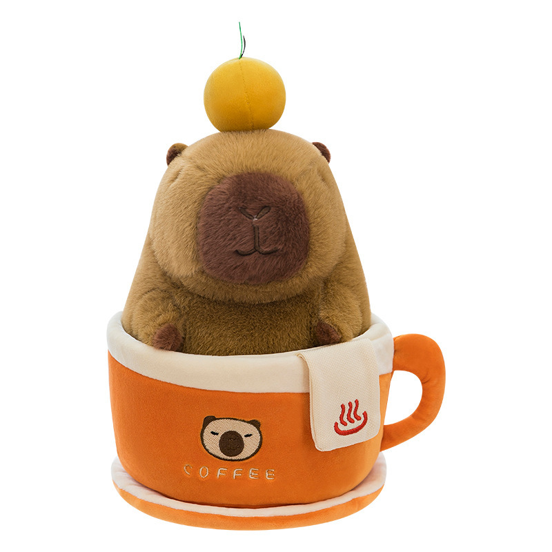 Coffee cup capybara plush toy on white background