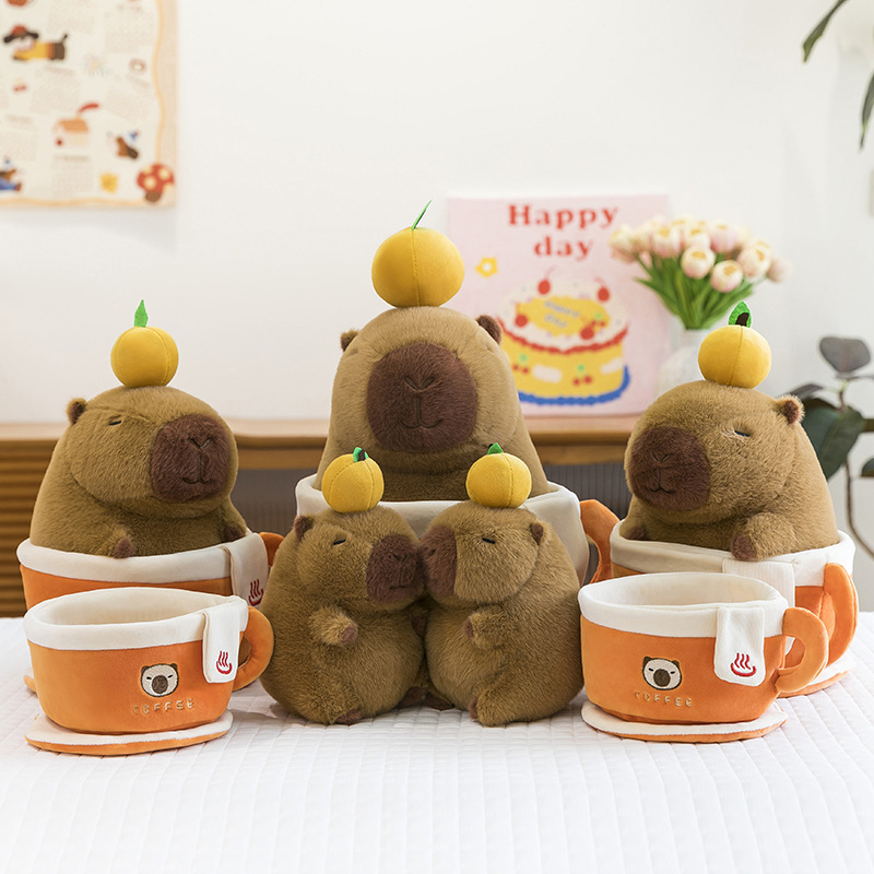 Coffee cup capybara plush toy with removable capybara figures and coffee cup bases in different sizes