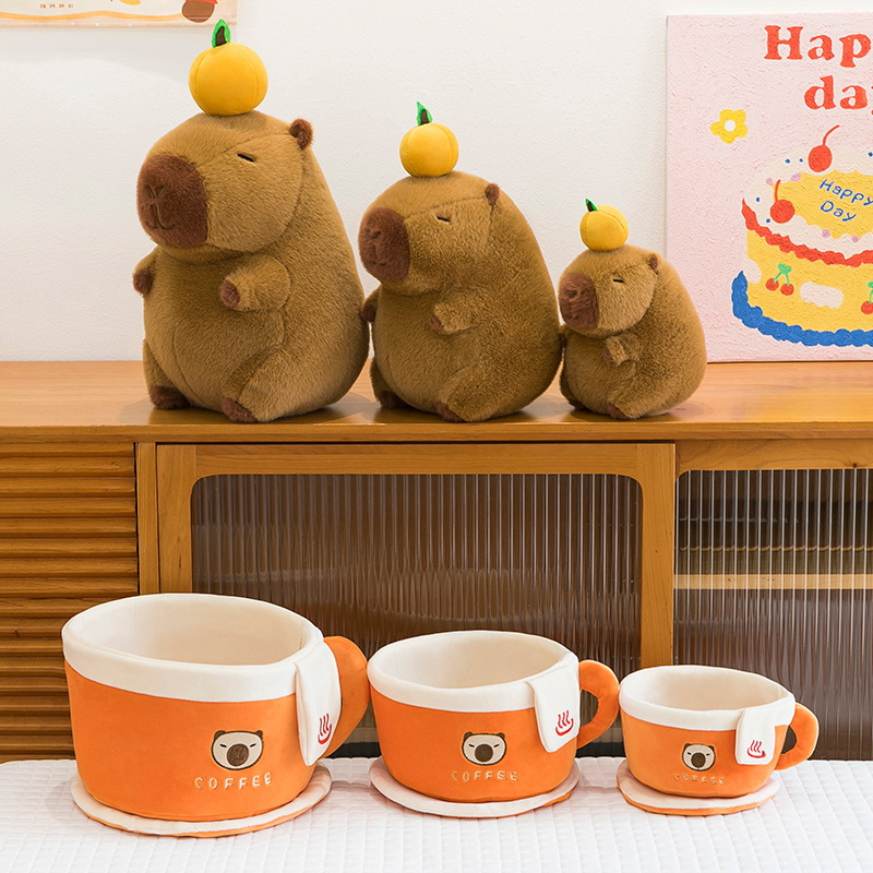 Coffee cup capybara plush toy with removable capybara and cup set in three sizes