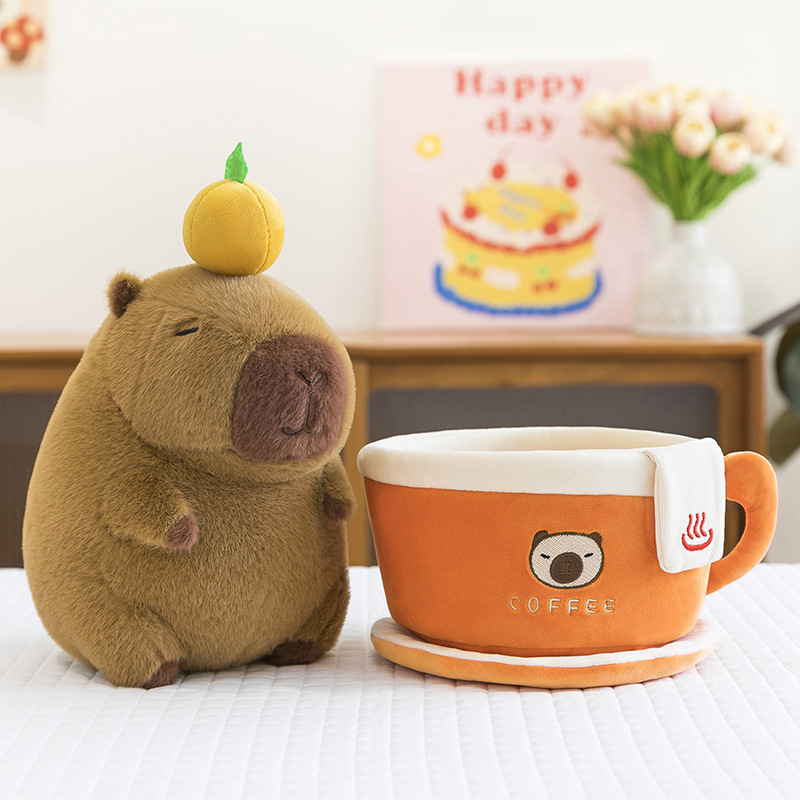 Coffee cup capybara plush toy with removable capybara and separate cup