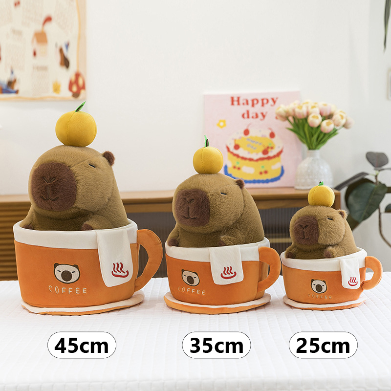 Coffee cup capybara plush toy size comparison 45cm 35cm and 25cm