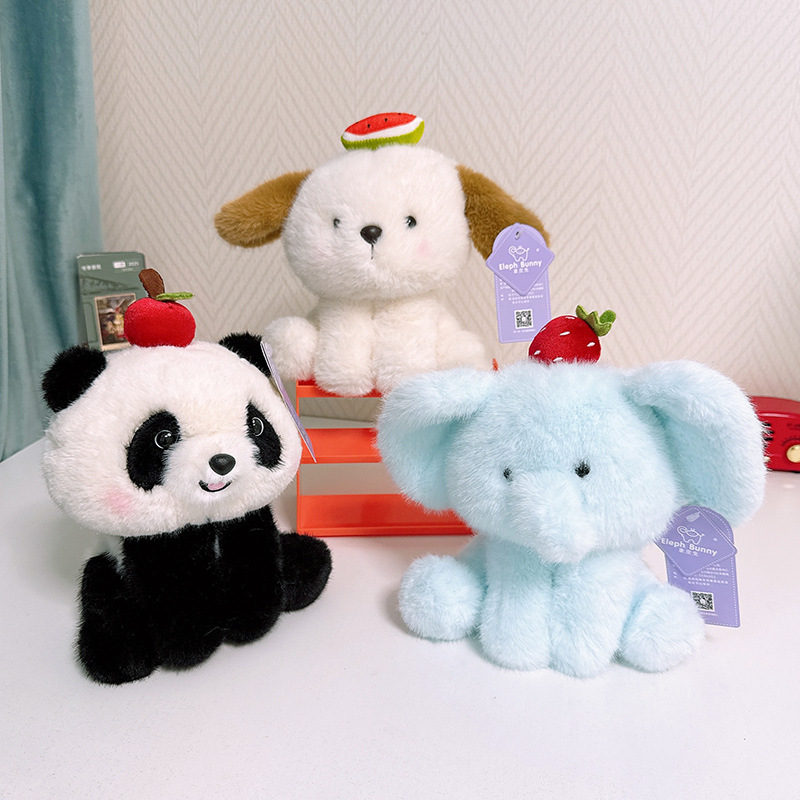 Summer fruit party animal plush toy elephant panda and dog arranged together with fruit details