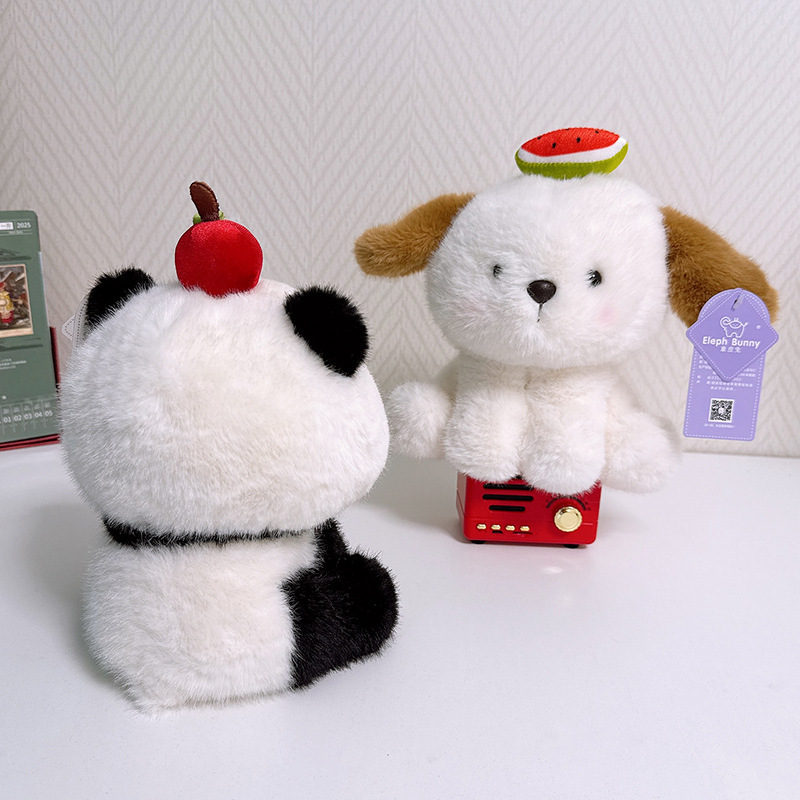 Summer fruit party animal plush toy panda back view and dog front view with fruit decorations