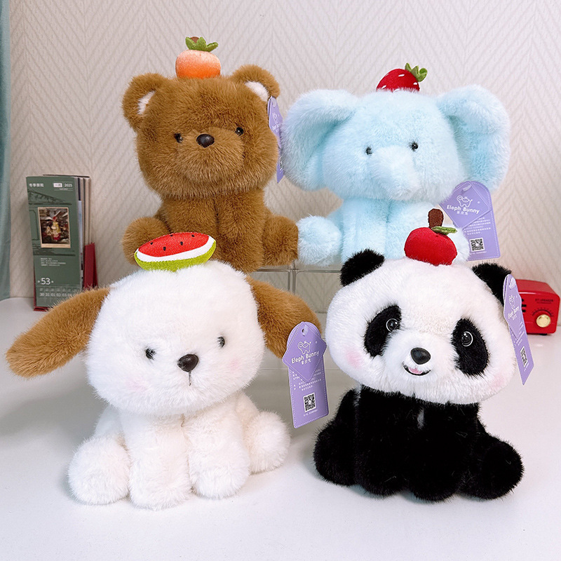 Summer fruit party animal plush toy bear elephant panda and dog group display with fruit decorations