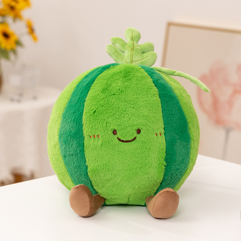 Cute watermelon plush pillow with striped green design and embroidered smile