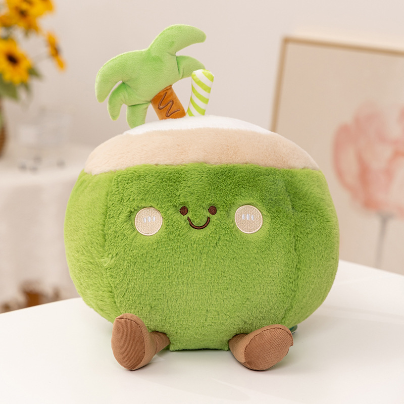 Cute coconut plush pillow with coconut drink design and embroidered smile face