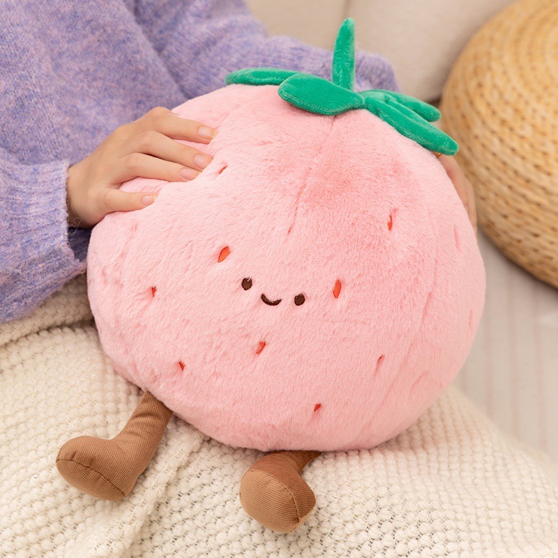 Strawberry fruit plush pillow close up showing soft plush texture for hugging and comfort