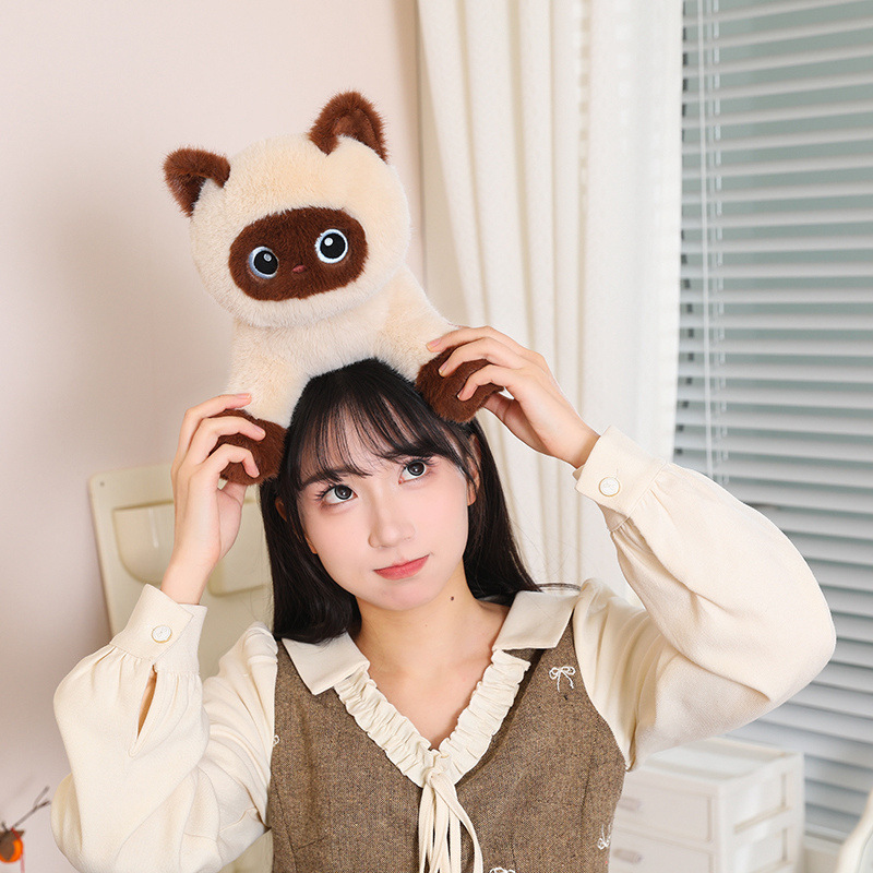 Poseable Siamese cat plush toy in a playful styling scene, soft plush texture with standing pose and compact 30cm size suitable for display and gifting