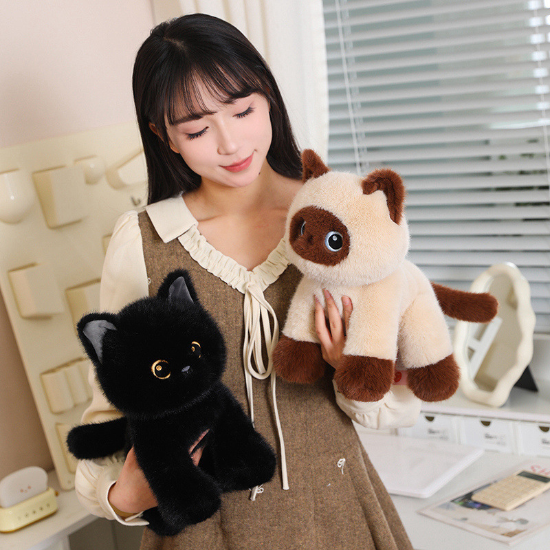Siamese and black poseable cat plush toys in 30cm size, soft plush fabric with PP cotton filling, styled in sitting poses for home decor display