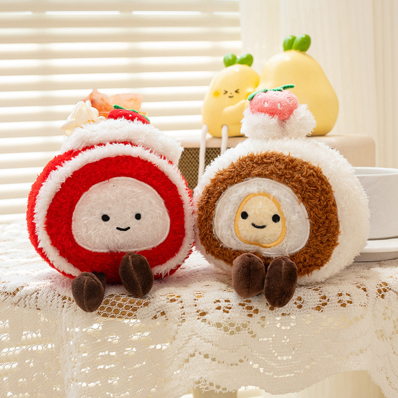 Strawberry Swiss roll and original Swiss roll plush toys displayed on a lace table in a cozy home setting, soft dessert-themed stuffed animals for decor and gifting