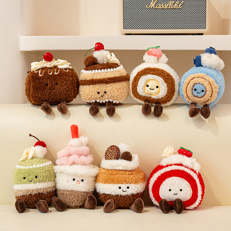 Dessert plush toy full collection including chocolate cake, Swiss rolls, cupcake, macaron cake and matcha cake displayed on shelf, cute 13 cm stuffed dessert series for home decor