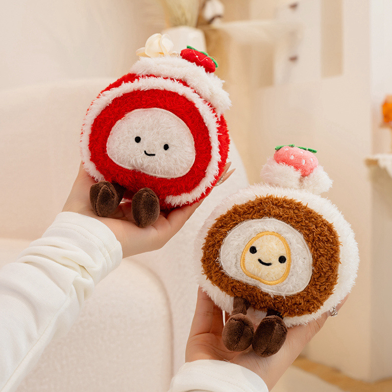 Dessert plush toy featuring strawberry Swiss roll and original Swiss roll designs with fluffy plush fabric, embroidered details and soft round shape for cute home decor
