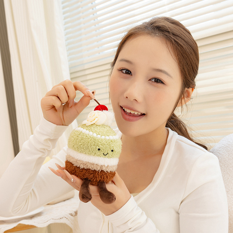Matcha cake plush toy with cherry topping and layered design, 13cm soft dessert stuffed toy for desk display and cozy decor