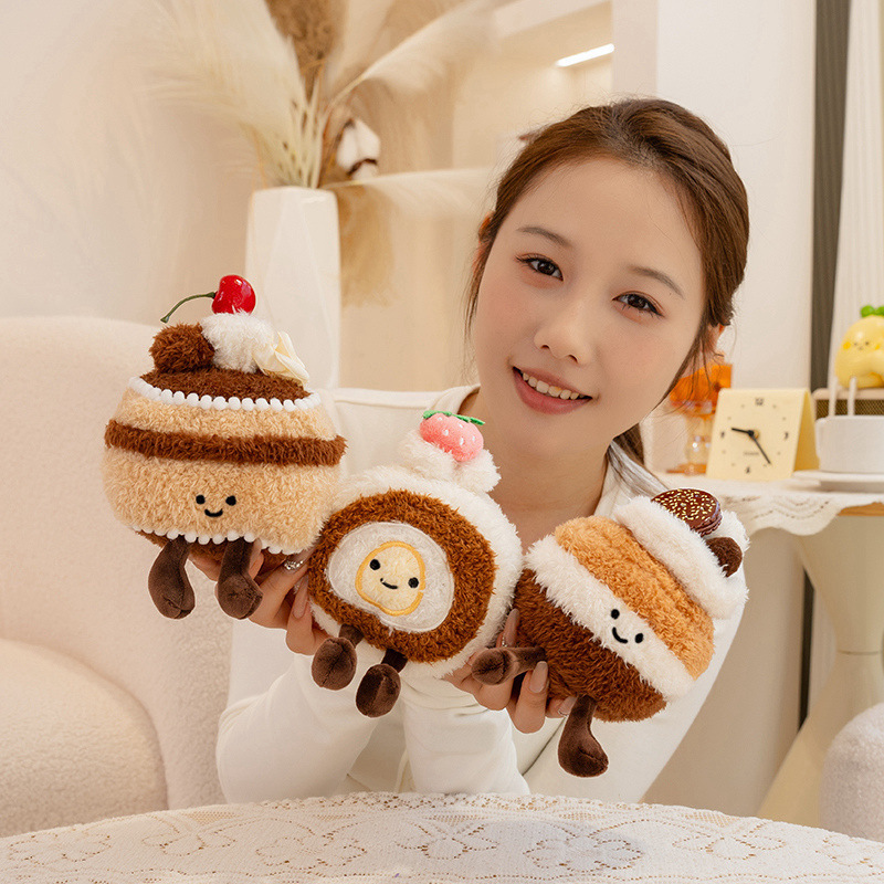 Chocolate cake, original Swiss roll and chocolate Swiss roll plush toys with soft fluffy texture and dessert-inspired design for home decor or gifting