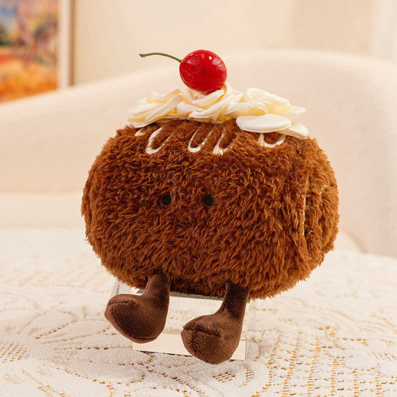Chocolate Swiss roll dessert plush toy with brown layered design and soft plush texture, compact 13cm stuffed toy for sweet themed decor or collectible display