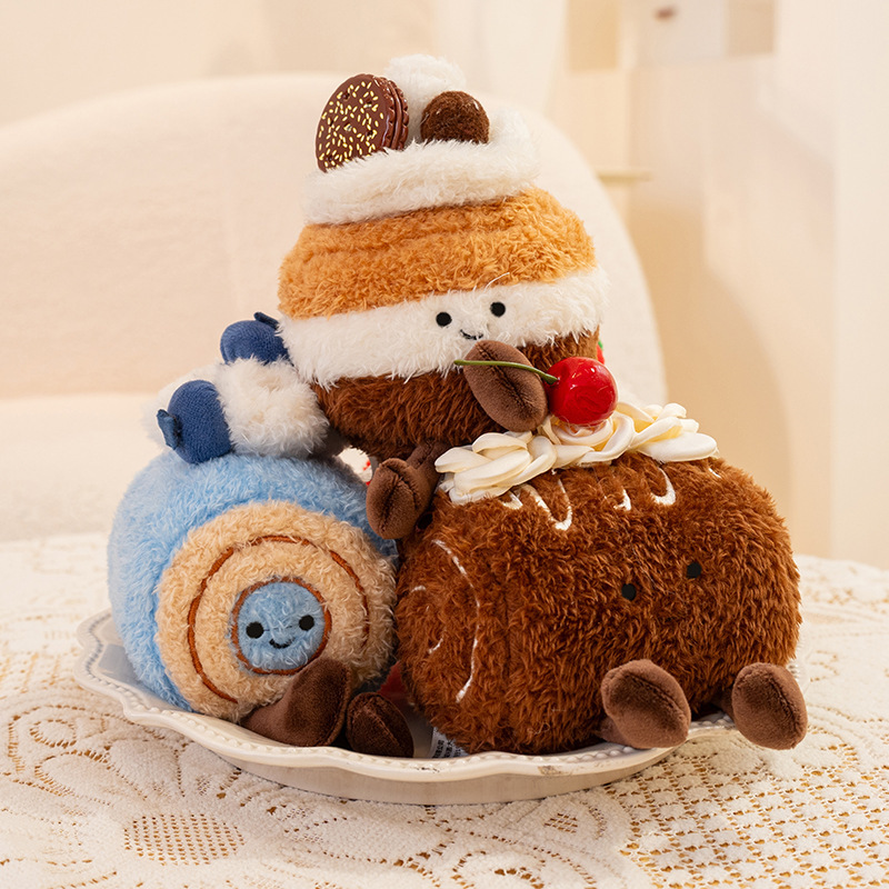 Dessert plush toys including macaron cake, chocolate Swiss roll and blueberry Swiss roll arranged on a plate, soft 13 cm stuffed dessert decorations for cozy home display