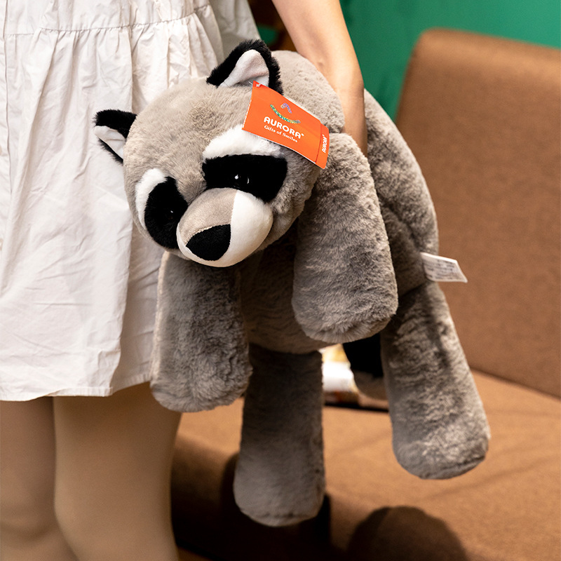 Aurora lazy lying raccoon plush toy in gray and black plush fabric, lightweight and perfect for relaxing, cuddling, or bedroom decor