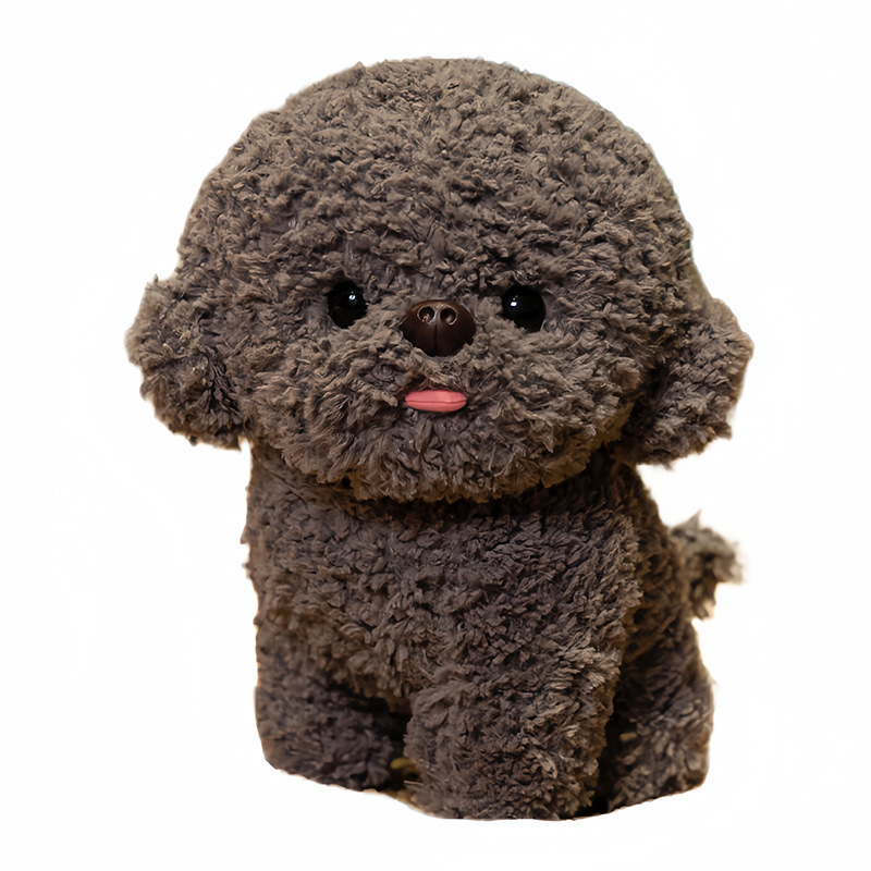 Gray Bichon Frise plush toy with curly teddy plush texture and tongue out detail, shown against a white background