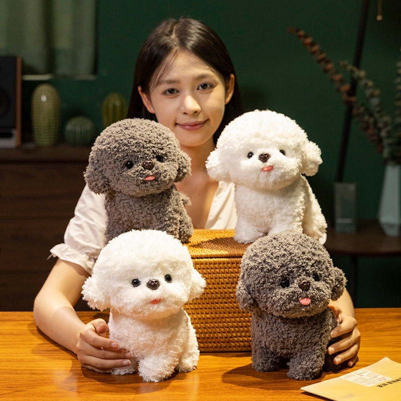 Bichon Frise plush toys in gray and white arranged in a cozy indoor setting, highlighting teddy plush fabric, rounded shape, and decorative home display style