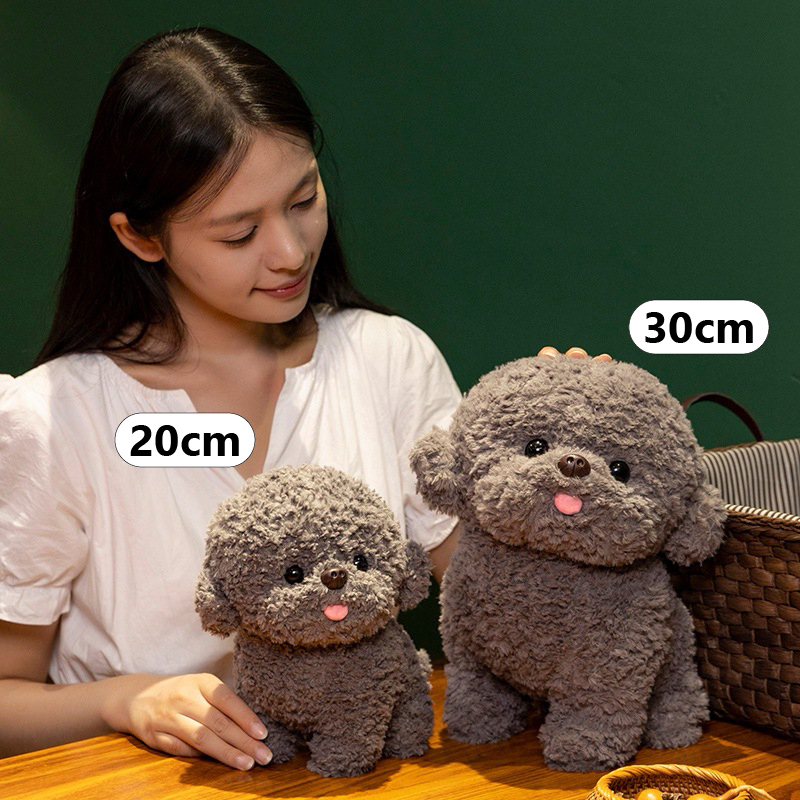 Bichon Frise plush toy size comparison showing 20cm and 30cm gray versions in teddy plush fabric on a wooden table