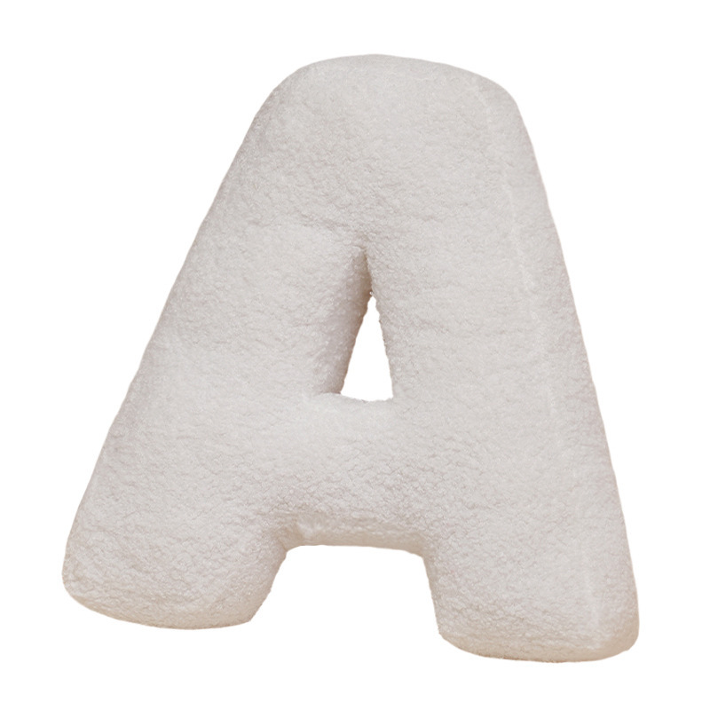 White alphabet plush pillow letter A in soft teddy plush fabric, decorative letter cushion for personalized home decor