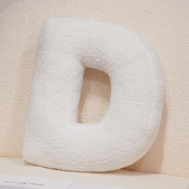 Letter D alphabet plush pillow, white teddy plush cushion for sofa and bed decor