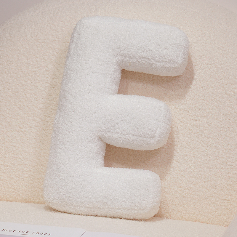Letter E alphabet plush pillow, white teddy plush cushion for sofa and bed decor