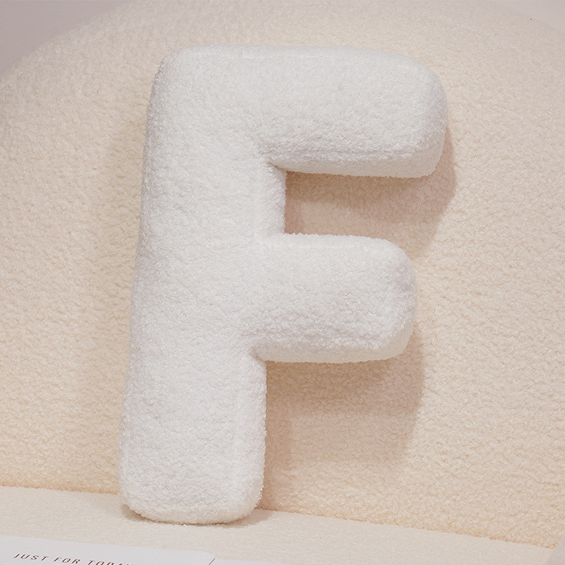 Letter F alphabet plush pillow, white teddy plush cushion for sofa and bed decor