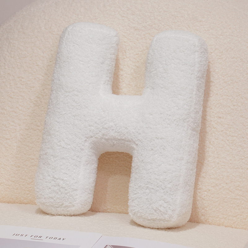 Letter H alphabet plush pillow, white teddy plush cushion for sofa and bed decor