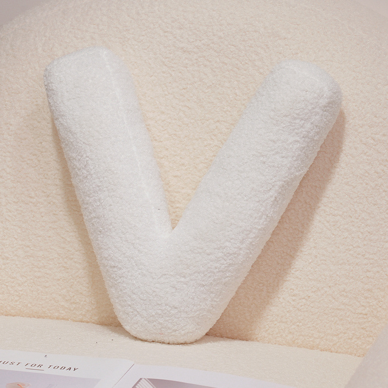 Letter V alphabet plush pillow, white teddy plush cushion for sofa and bed decor
