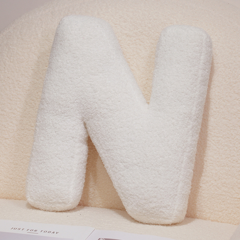 Letter N alphabet plush pillow, white teddy plush cushion for sofa and bed decor